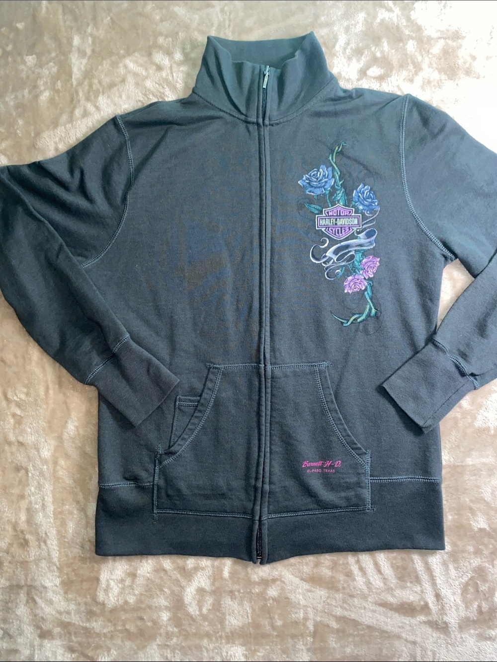 Harley-Davidson Women's Grey Zip-Up Jacket with Floral and skull design